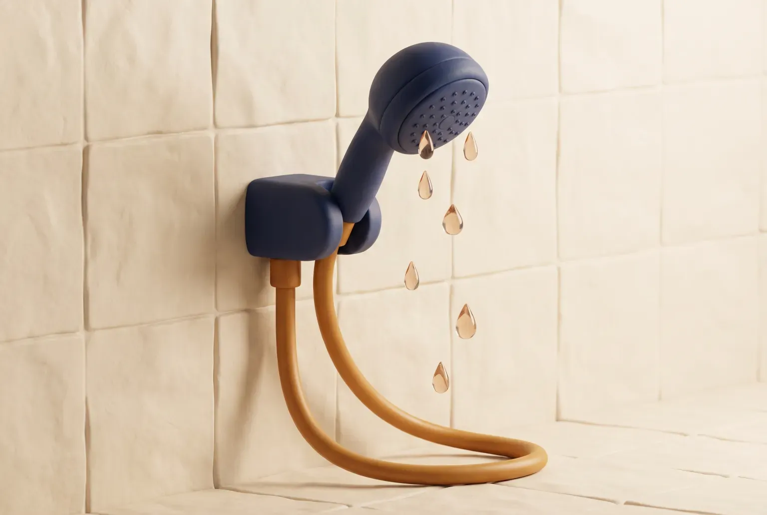 Illustration: a navy handheld shower head resting in a wall bracket against a cream tiled bathroom wall, its amber flexible hose looping down to the floor and a few amber water drops falling, drawn as a soft 3D render. Not a real product.