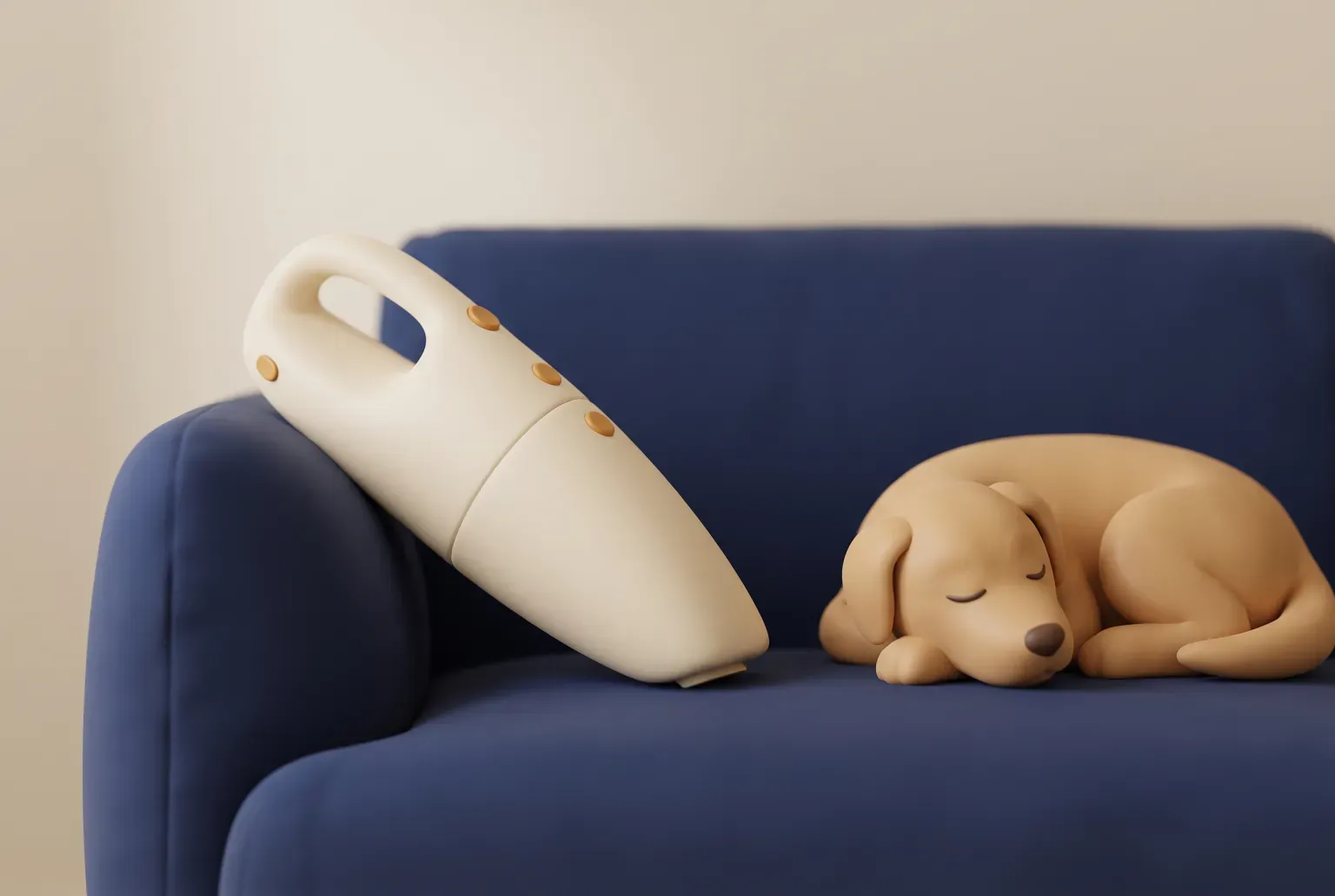 Illustration: a small cream cordless handheld vacuum leaning on the arm of a navy sofa beside a sleeping tan dog, drawn as a soft 3D render. Not a real product.