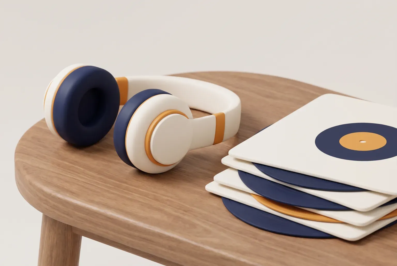 Illustration: a pair of plain over-ear headphones on a wooden table beside a stack of records, drawn as a soft 3D render. Not a real product.