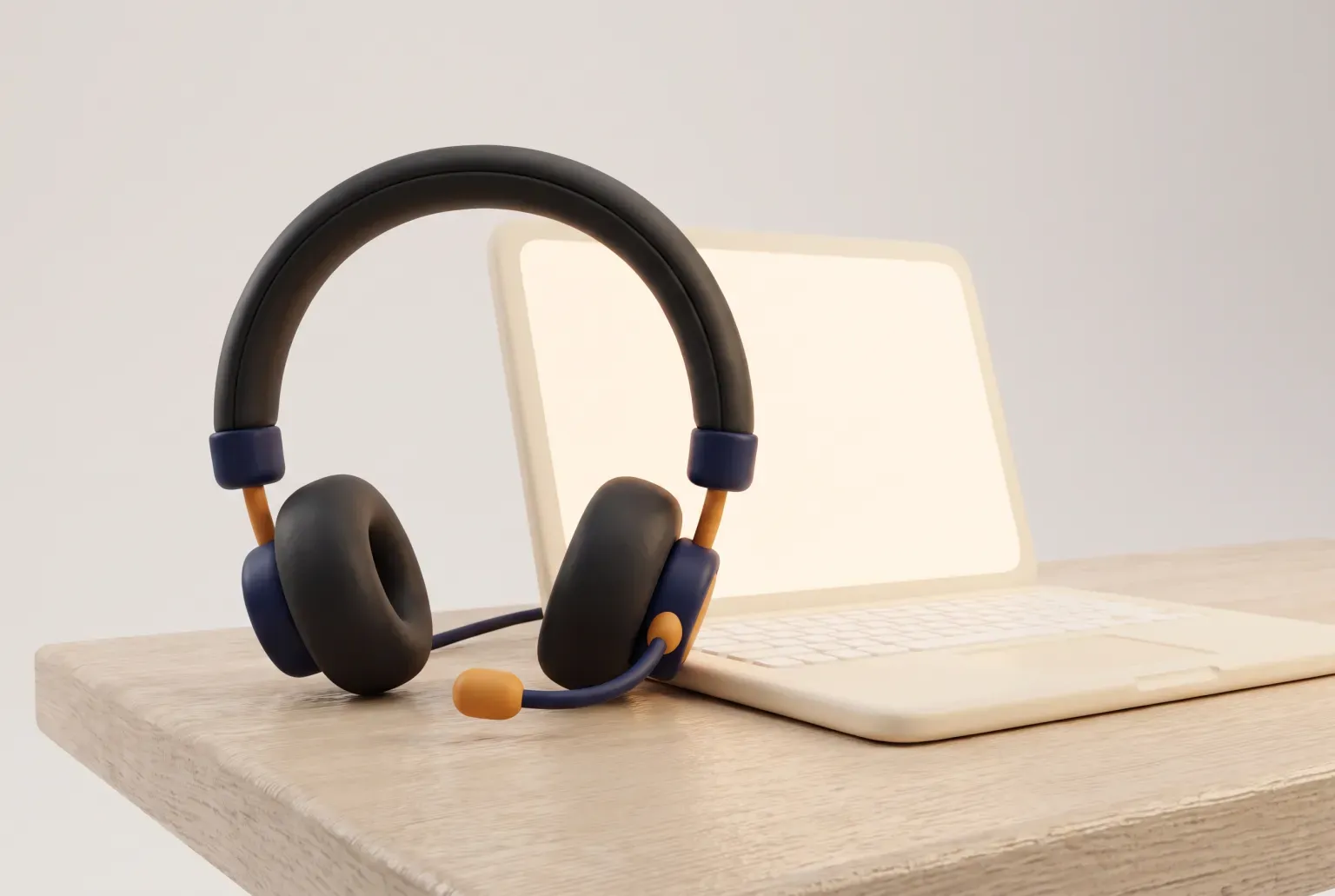 Illustration: a plain black headband headset with a small boom microphone resting on a light wooden desk beside an open cream laptop, drawn as a soft 3D render. Not a real product.