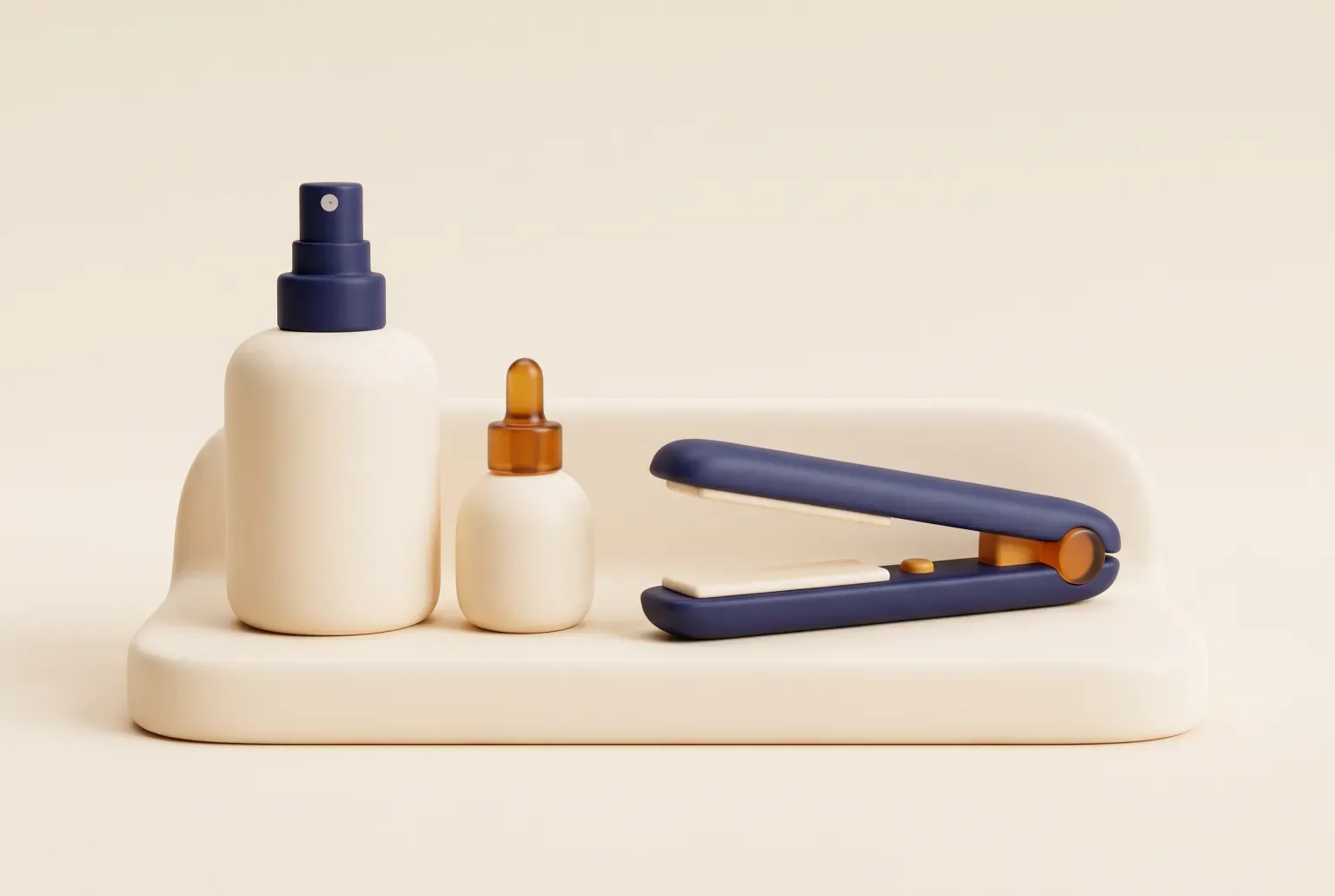 Illustration: a cream pump spray bottle and a small amber dropper bottle beside a navy flat iron on a pale vanity shelf, drawn as a soft 3D clay render. Not a real product.