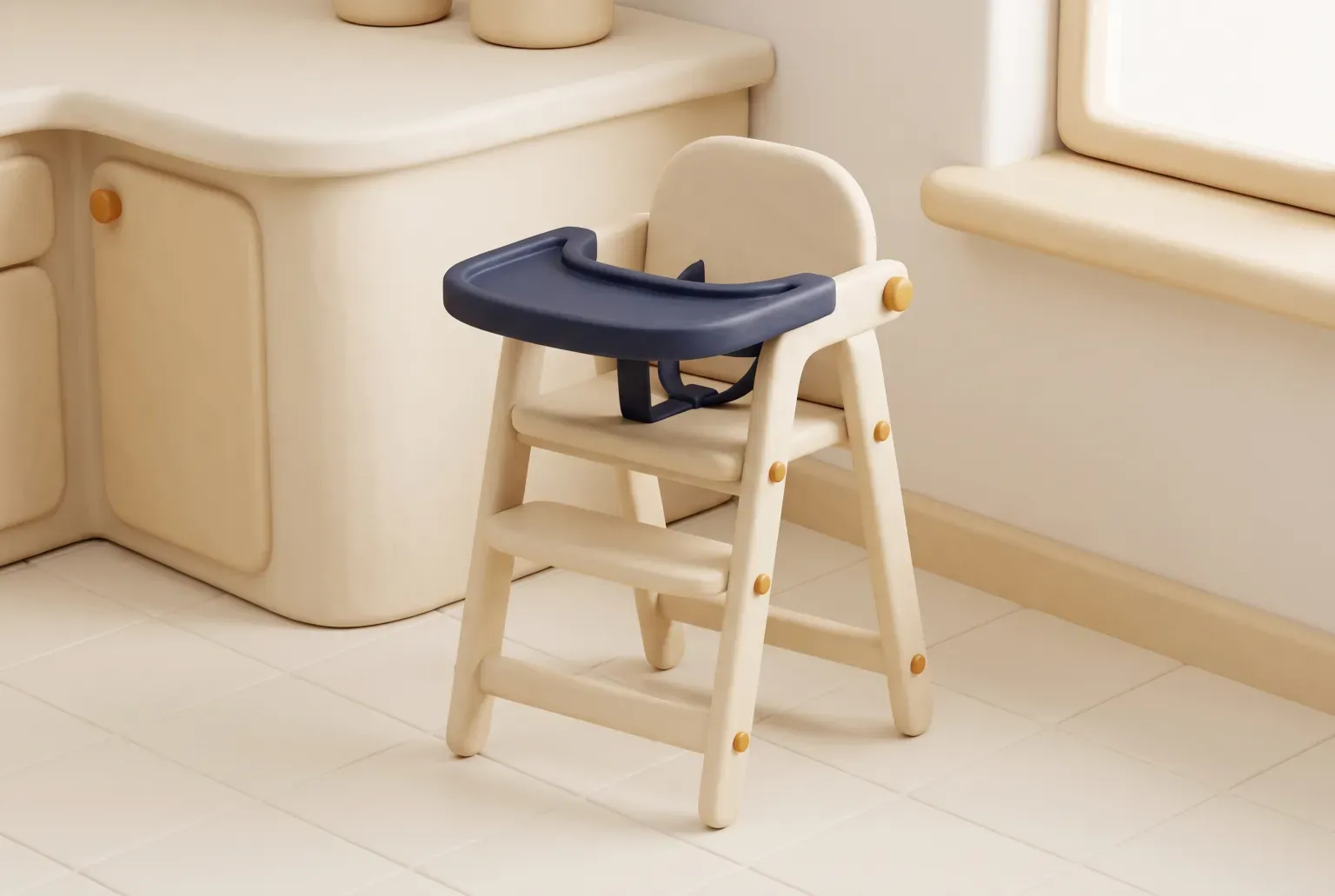 Illustration: a small cream wooden high chair with a navy tray and a navy strap, standing on pale kitchen tiles beside a cream cabinet, drawn as a soft 3D render. Not a real product.