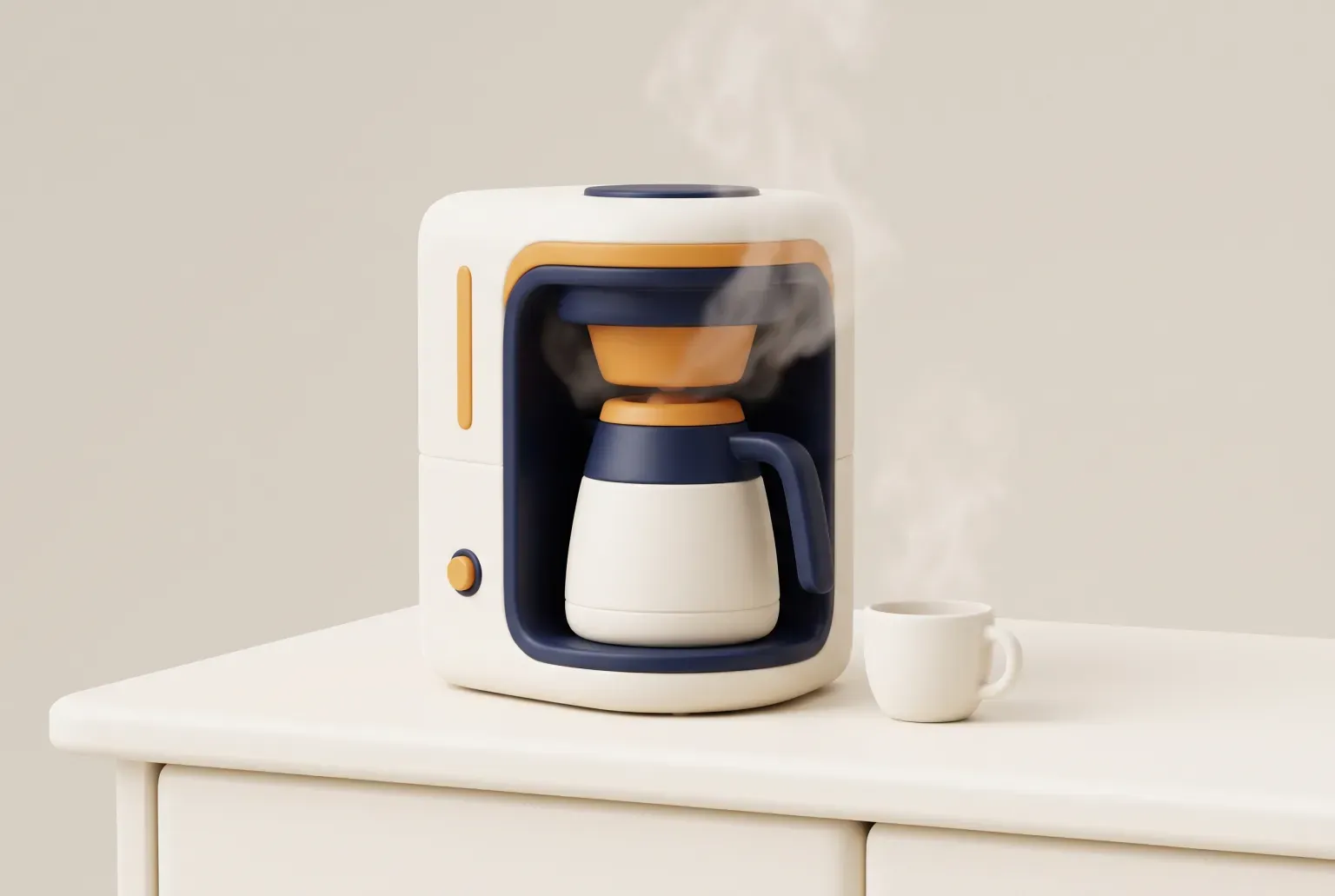 Illustration: a cream countertop drip coffee maker with a navy thermal carafe and amber accents, steam rising beside a small white cup, drawn as a soft 3D render. Not a real product.
