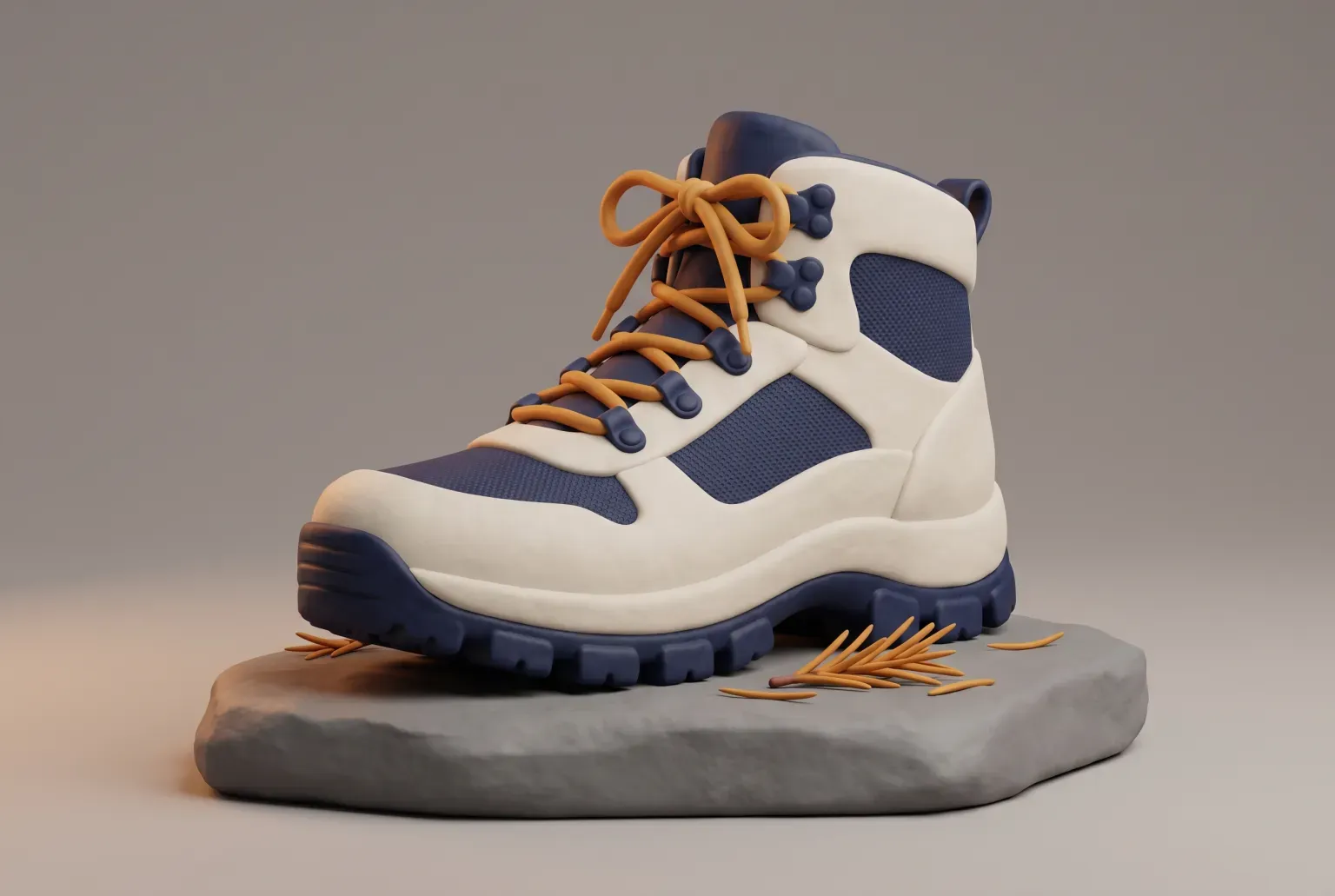 Illustration: a single cream and navy mid-height lace-up hiking boot with amber laces and a chunky lugged navy sole, standing on a flat grey rock beside a few amber pine needles, drawn as a soft 3D render. Not a real product.
