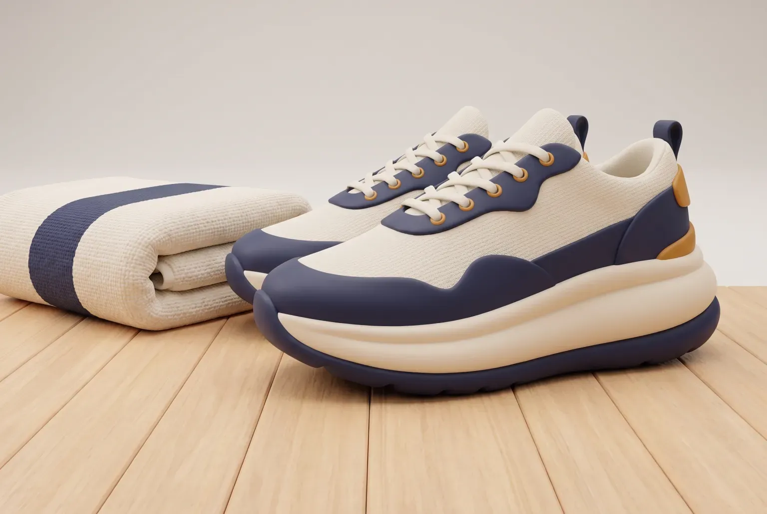 Illustration: a pair of chunky cream and navy running shoes with thick soft soles beside a folded striped towel on a pale wooden floor, drawn as a soft 3D render. Not a real product.