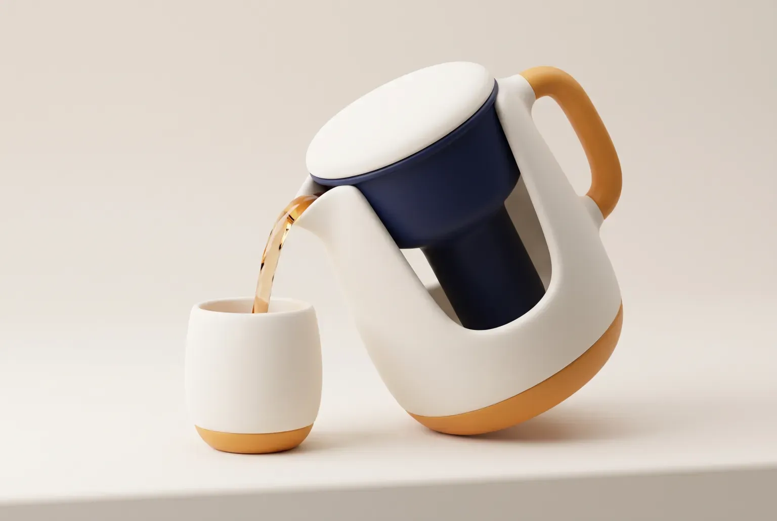 Illustration: a white and navy water filter pitcher tilted to pour into a small cup on a cream counter, drawn as a soft 3D render. Not a real product.