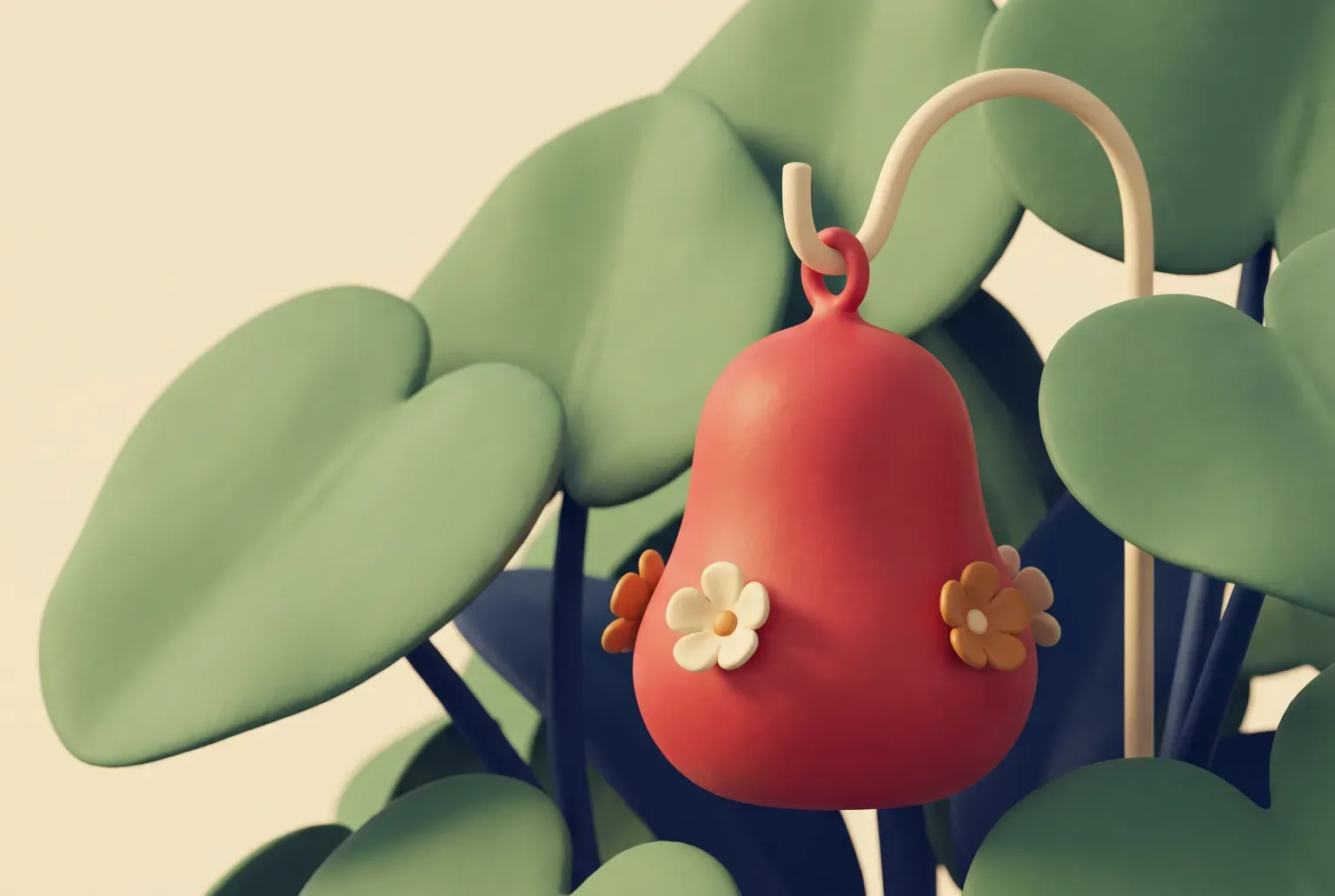 Illustration: a plain red nectar feeder with small flower-shaped ports hanging from a garden hook among large green leaves, drawn as a soft 3D render. Not a real product.
