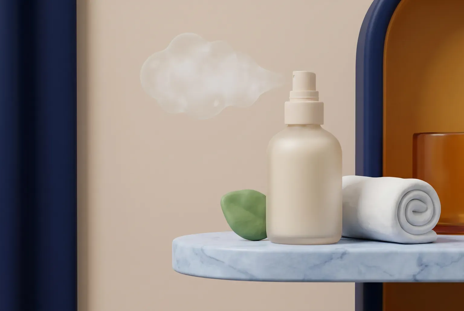 Illustration: a plain frosted glass spray bottle releasing a soft cloud of fine mist on a pale blue marble shelf beside a rolled white towel and a green leaf, drawn as a soft 3D render. Not a real product.