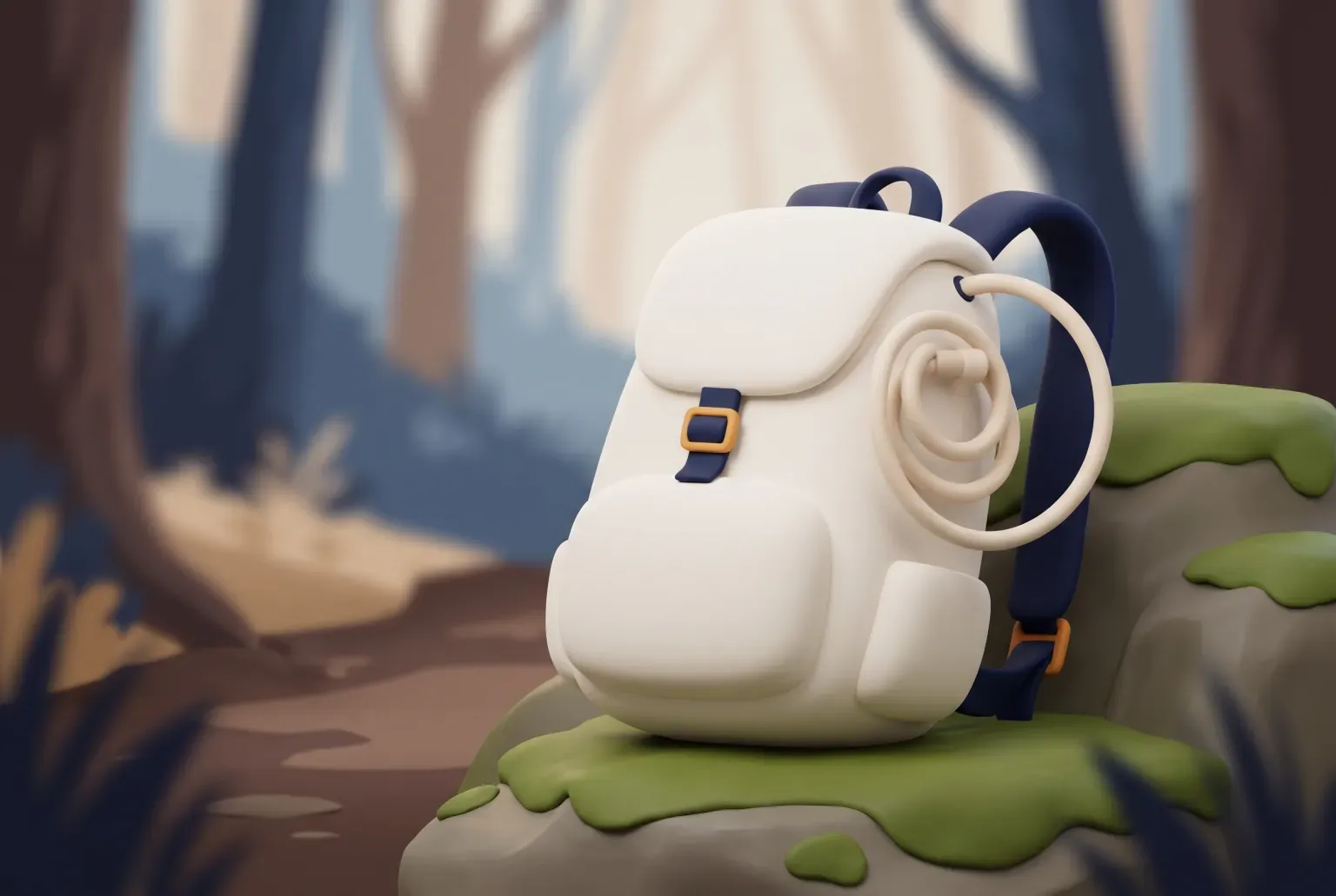 Illustration: a plain cream backpack with a coiled drinking tube resting on a mossy rock beside a forest trail, drawn as a soft 3D render. Not a real product.
