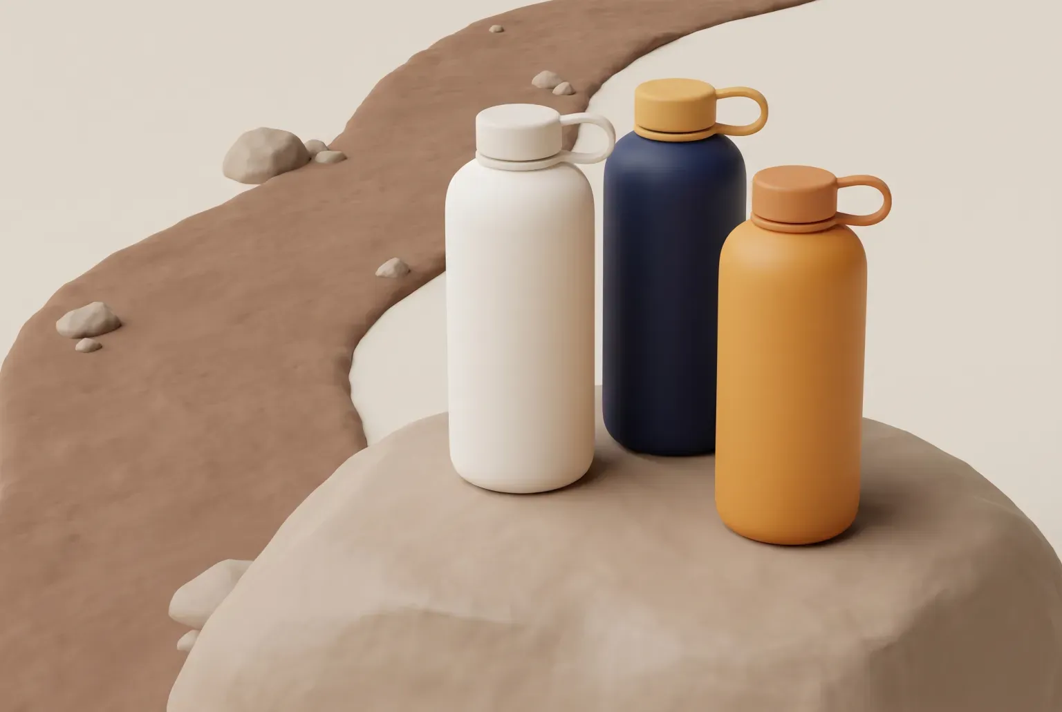 Illustration: three plain insulated water bottles of different heights standing on a rock beside a hiking trail, drawn as a soft 3D render. Not a real product.