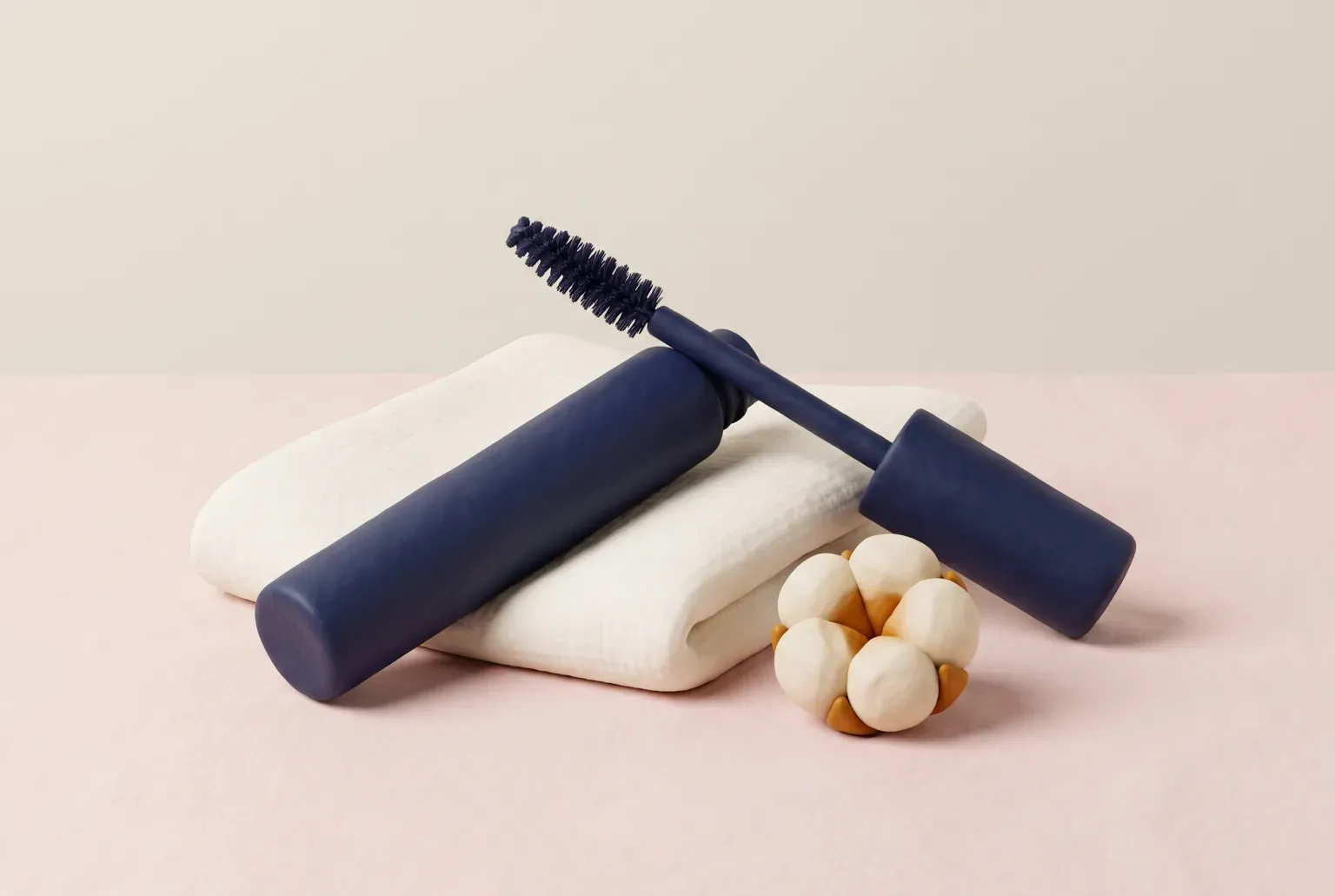 Illustration: an open plain navy mascara tube with its wand resting across a folded white cotton cloth on a pale pink surface beside a cotton boll, drawn as a soft 3D render. Not a real product.