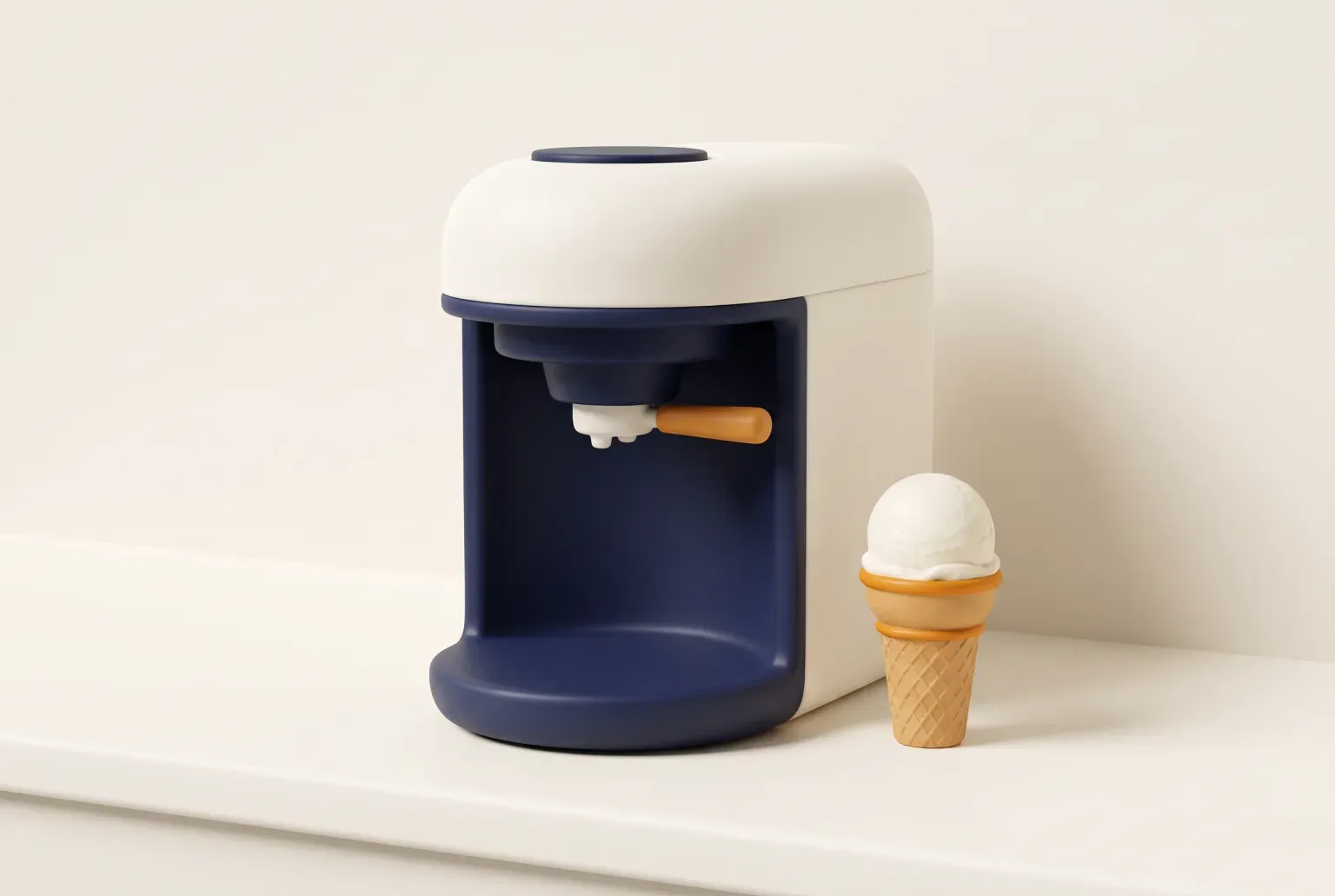 Illustration: a navy and cream countertop machine beside a vanilla ice cream cone on a kitchen counter, drawn as a soft 3D render. Not a real product.