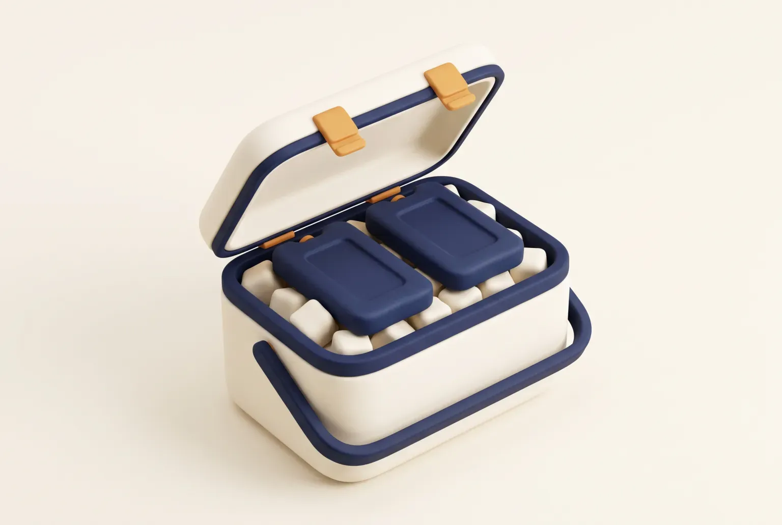 Illustration: an open cream and navy cooler with two navy freezer ice packs resting on ice cubes inside, drawn as a soft 3D render. Not a real product.