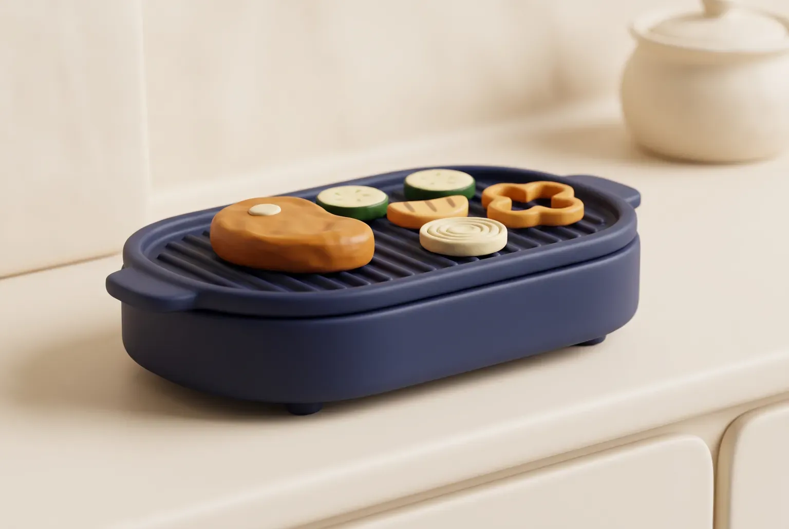 Illustration: a navy blue countertop electric grill with ridged plates, a steak and sliced vegetables cooking on it, on a clean kitchen counter, drawn as a soft 3D render. Not a real product.