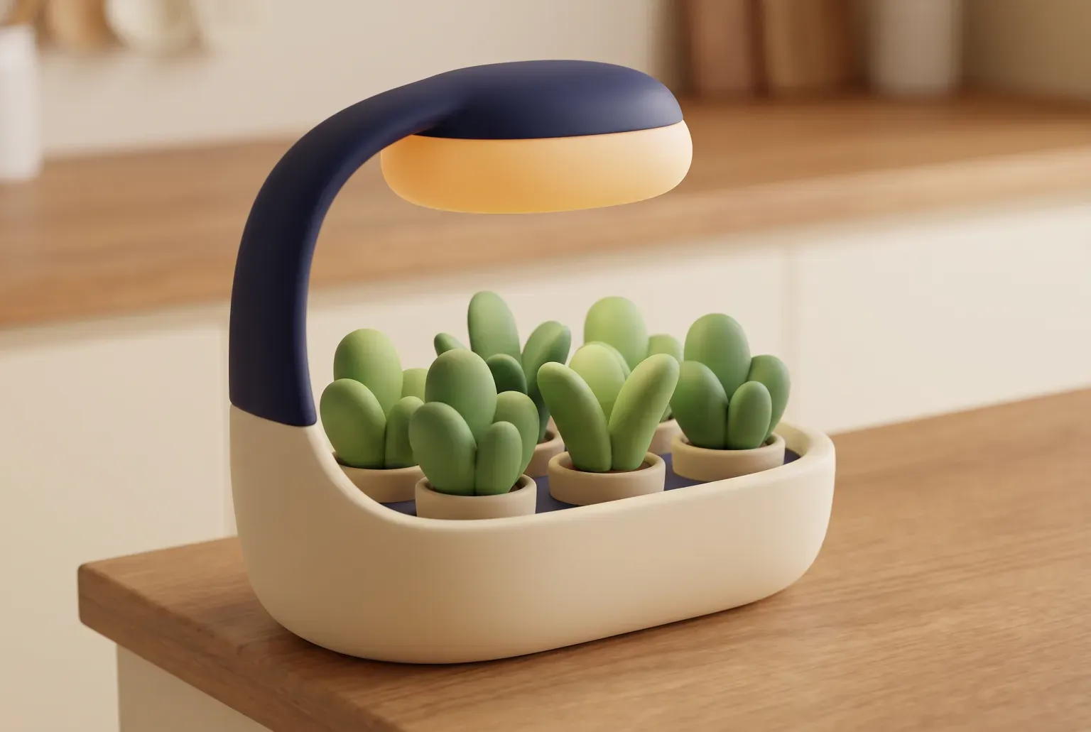 Illustration: a cream countertop garden with a curved navy arm and a glowing orange grow light over six small green plants in pots, on a wooden kitchen counter, drawn as a soft 3D render. Not a real product.