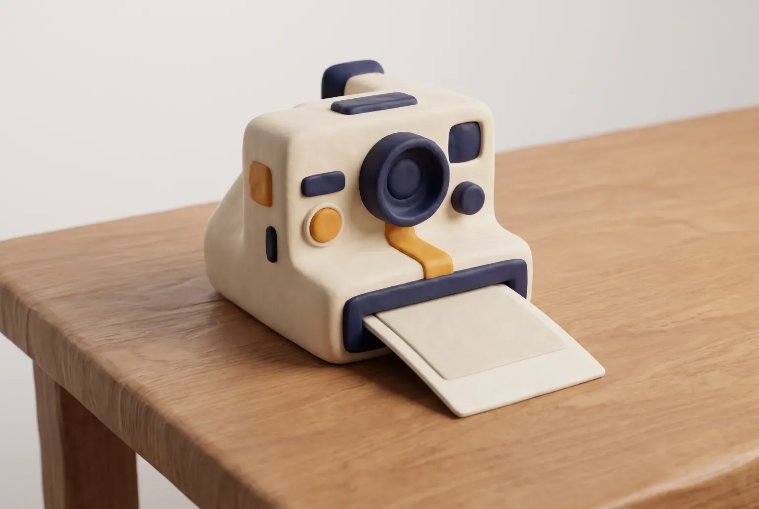 Illustration: a small boxy cream-colored instant camera with one blank square print sliding out of its front, resting on a wooden table, drawn as a soft 3D render. Not a real product.