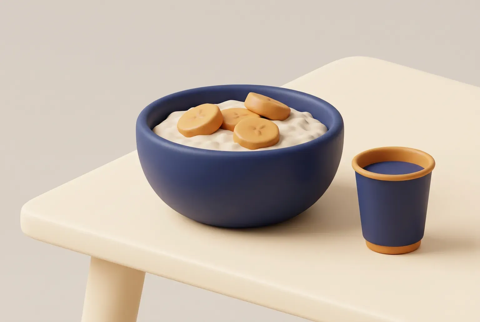 Illustration: a navy bowl of oatmeal topped with sliced banana on a cream table beside a small navy paper cup, drawn as a soft 3D render. Not a real product.