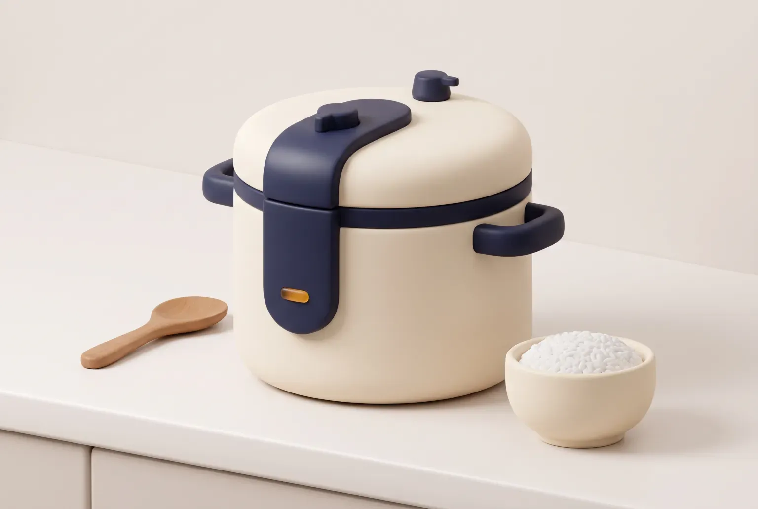 Illustration: a plain round electric pressure cooker on a kitchen counter beside a wooden spoon and a bowl of rice, drawn as a soft 3D render. Not a real product.
