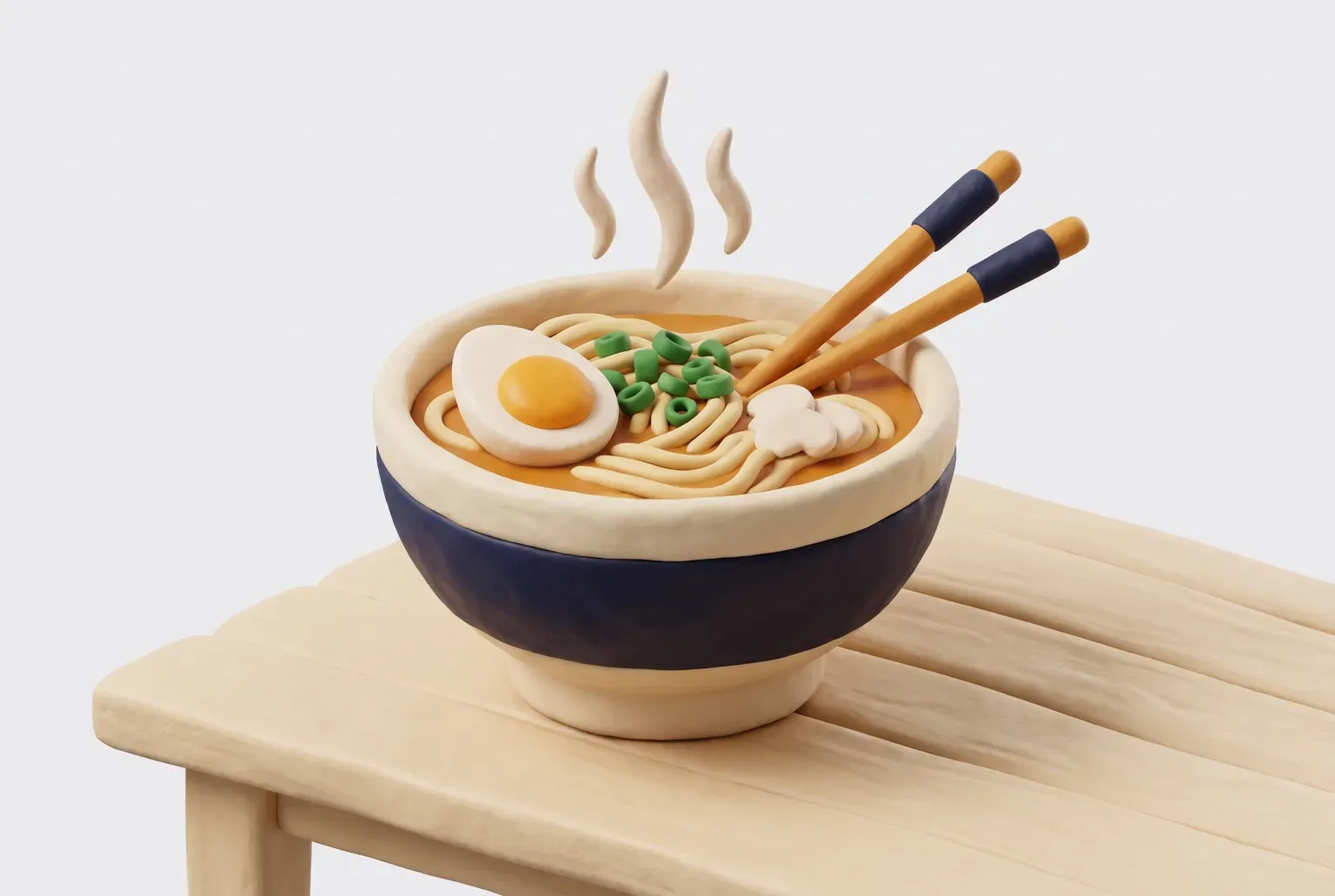 Illustration: a steaming bowl of ramen noodles with half a boiled egg, green onions and chopsticks on a wooden table, drawn as a soft 3D render. Not a real product.