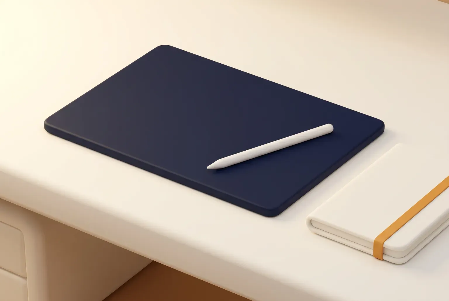 Illustration: a slim cream stylus lying diagonally across a blank navy tablet on a pale desk beside a closed cream notebook with an amber band, drawn as a soft 3D render. Not a real product.