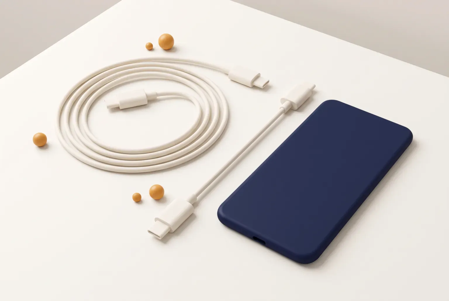 Illustration: two plain white charging cables, one coiled and one straight, on a tidy desk beside a plain navy phone shape, drawn as a soft 3D render. Not a real product.