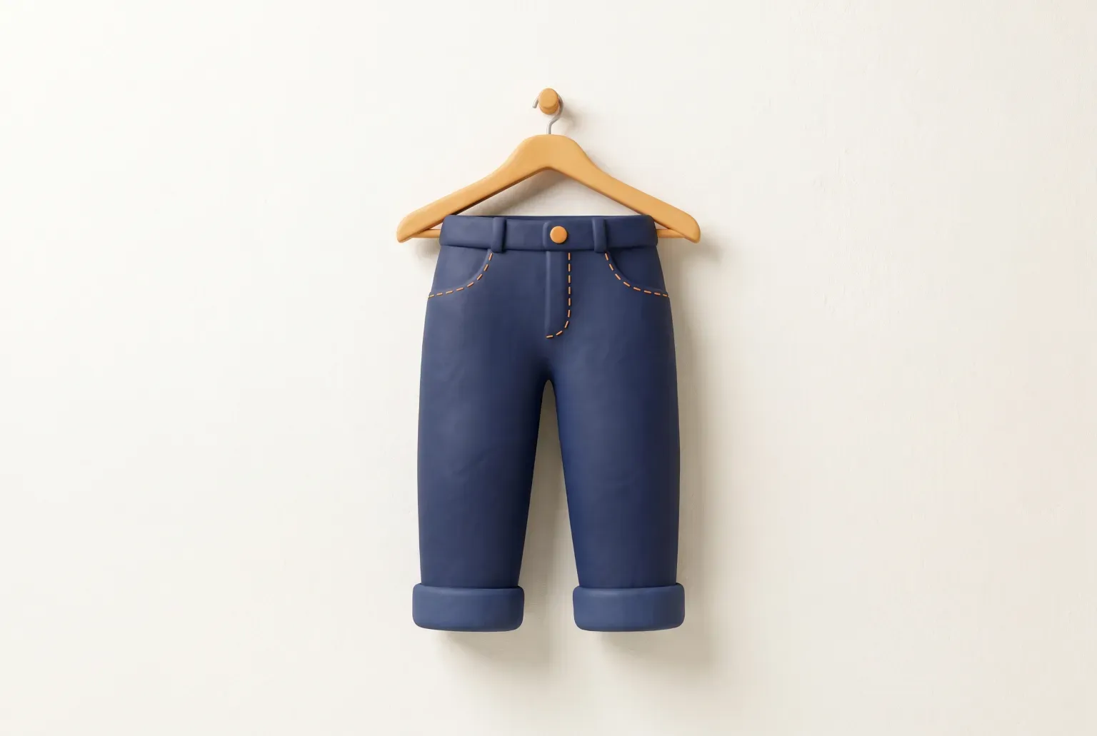 Illustration: a pair of cuffed ankle-length blue jeans on a wooden hanger against a cream wall, drawn as a soft 3D render. Not a real product.