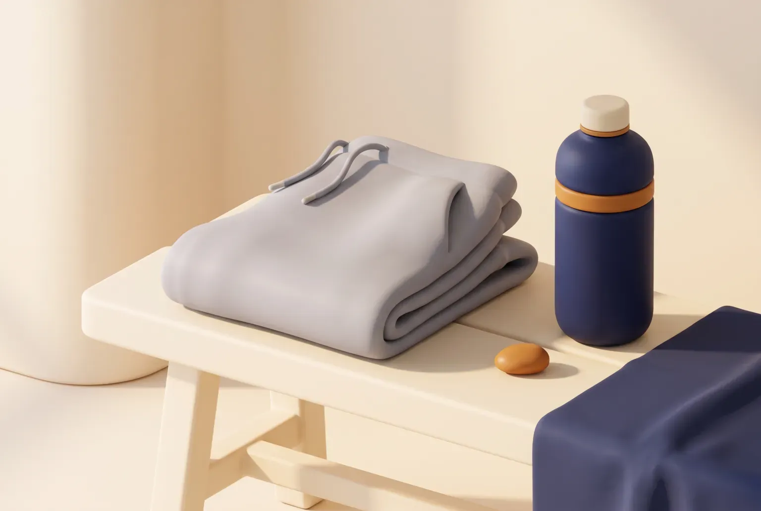 Illustration: a pair of plain gray jogger pants with a drawstring waist folded on a pale wooden bench beside a navy water bottle, drawn as a soft 3D render. Not a real product.