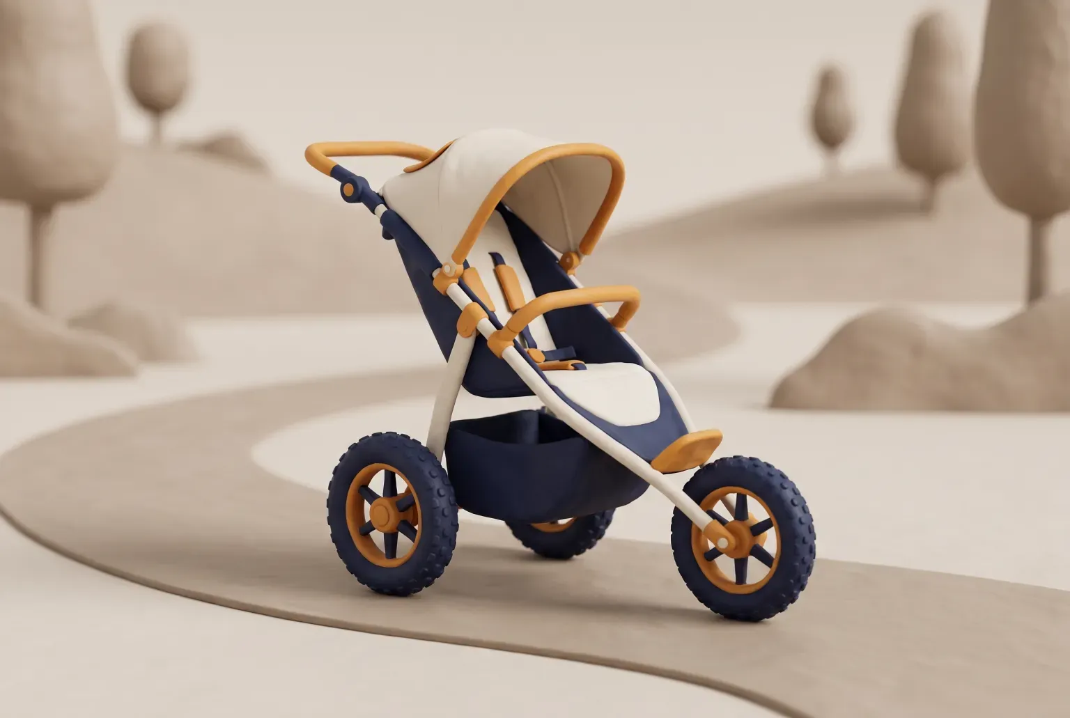 Illustration: a three-wheeled jogging stroller in cream and navy with large knobby tires on a smooth curved park path, drawn as a soft 3D render. Not a real product.