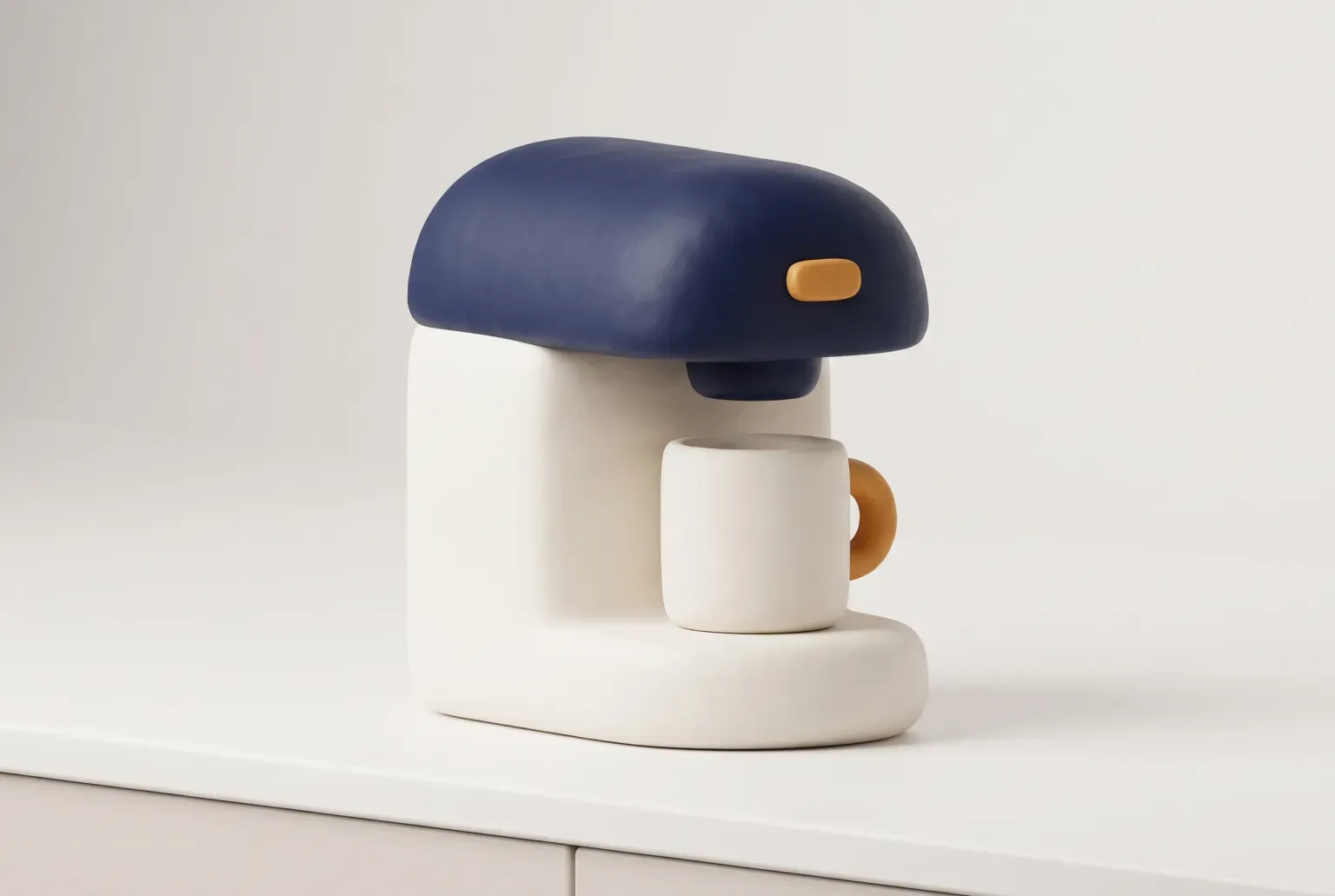 Illustration: a compact single-serve coffee maker in cream and navy with an empty cream mug under the spout on a white kitchen counter, drawn as a soft 3D render. Not a real product.