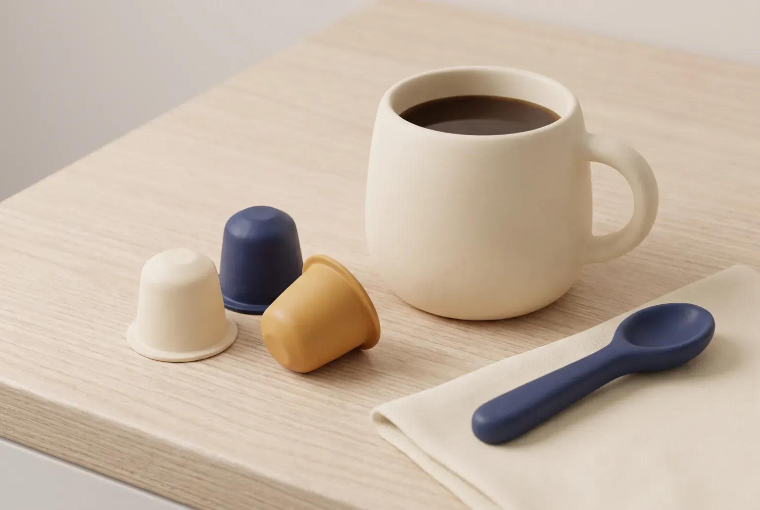 Illustration: three plain single-serve coffee pods beside a cream mug of black coffee and a blue spoon on a wooden counter, drawn as a soft 3D render. Not a real product.