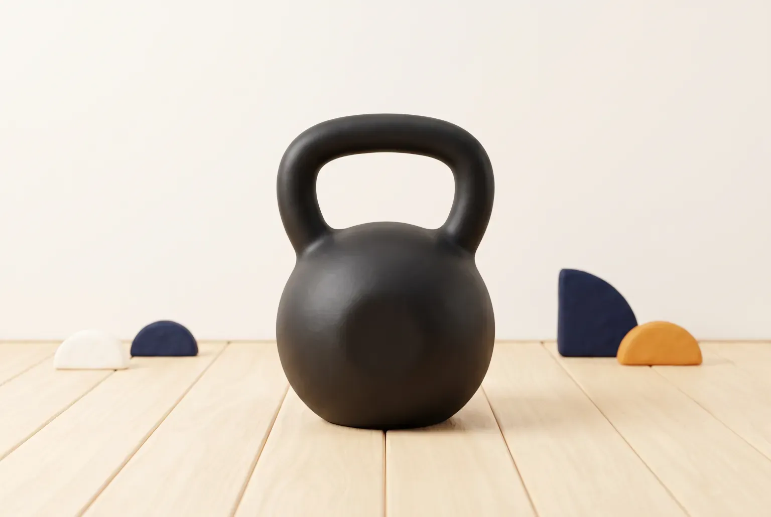 Illustration: a single matte black cast iron kettlebell on a light wooden floor with a few soft rounded shapes behind it, drawn as a soft 3D render. Not a real product.