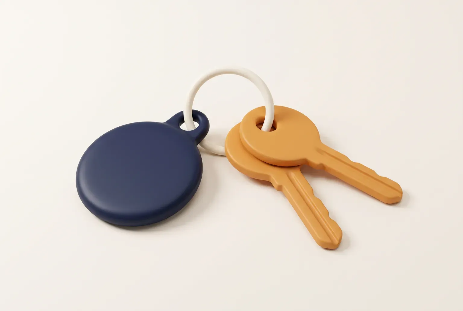 Illustration: a plain round navy tracker tag clipped to a ring with two amber keys on a cream surface, drawn as a soft 3D render. Not a real product.