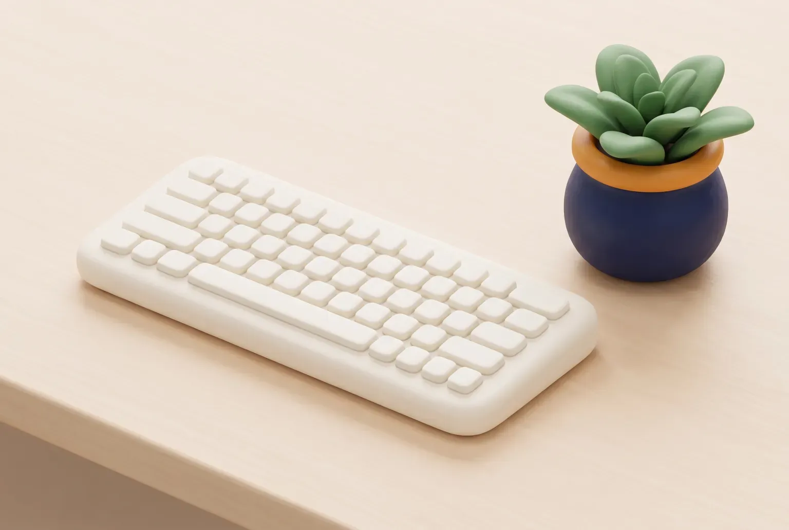 Illustration: a slim cream keyboard with plain blank keys on a pale wooden desk beside a small navy pot holding a green succulent, drawn as a soft 3D render. Not a real product.