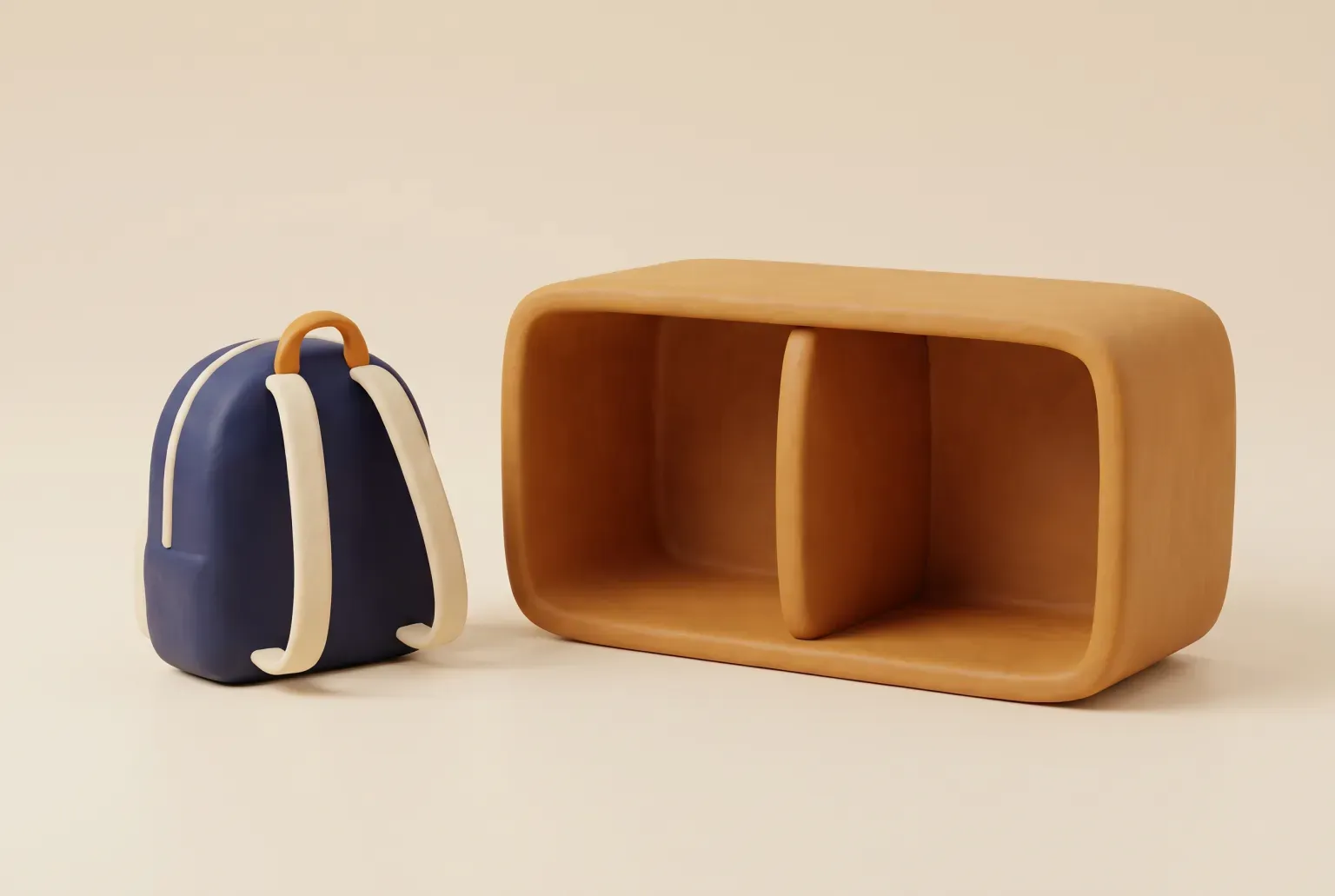 Illustration: a small navy kids backpack with cream straps standing beside a low wooden cubby shelf on a pale floor, drawn as a soft 3D render. Not a real product.