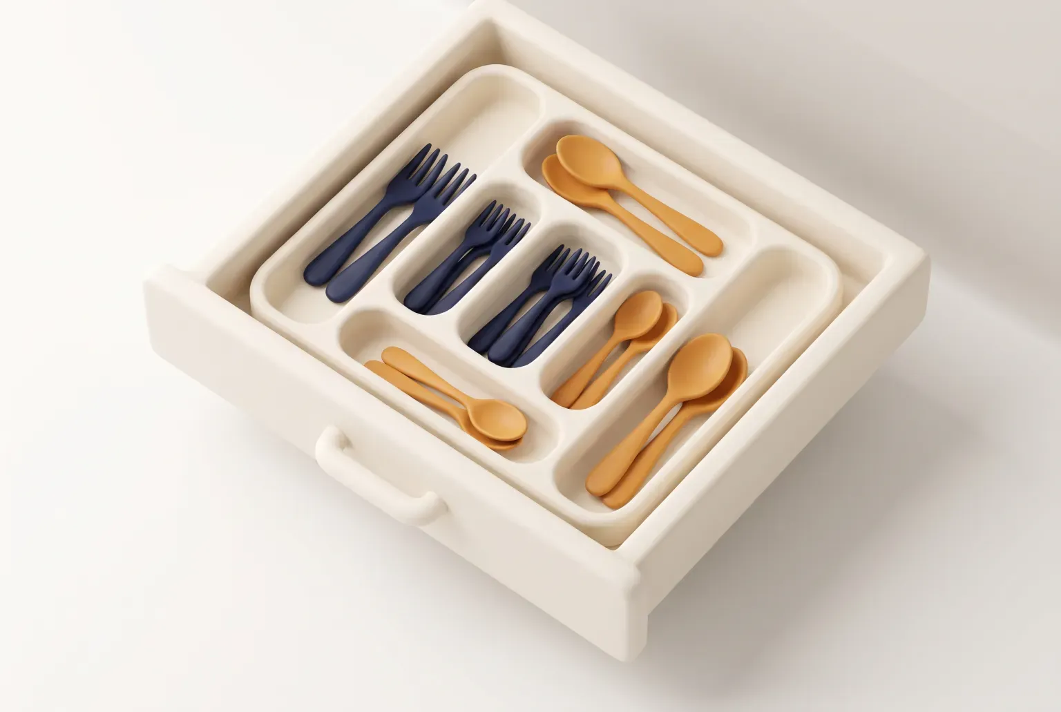Illustration: an open kitchen drawer with a light bamboo organizer tray holding neatly sorted cream and navy utensils, drawn as a soft 3D render. Not a real product.