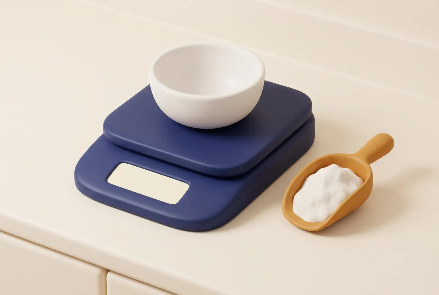 Illustration: a plain navy digital kitchen scale with a blank screen on a cream kitchen counter, a white mixing bowl on its platform and a wooden scoop of flour beside it, drawn as a soft 3D render. Not a real product.