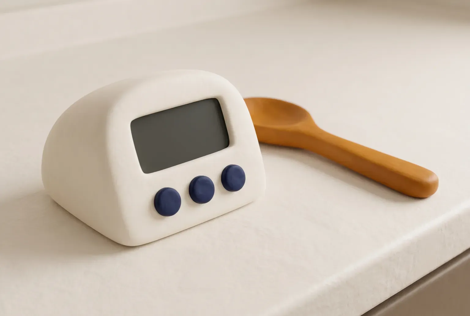Illustration: a small white wedge-shaped countertop timer with a blank dark screen and three navy buttons beside a wooden spoon on a cream kitchen counter, drawn as a soft 3D render. Not a real product.