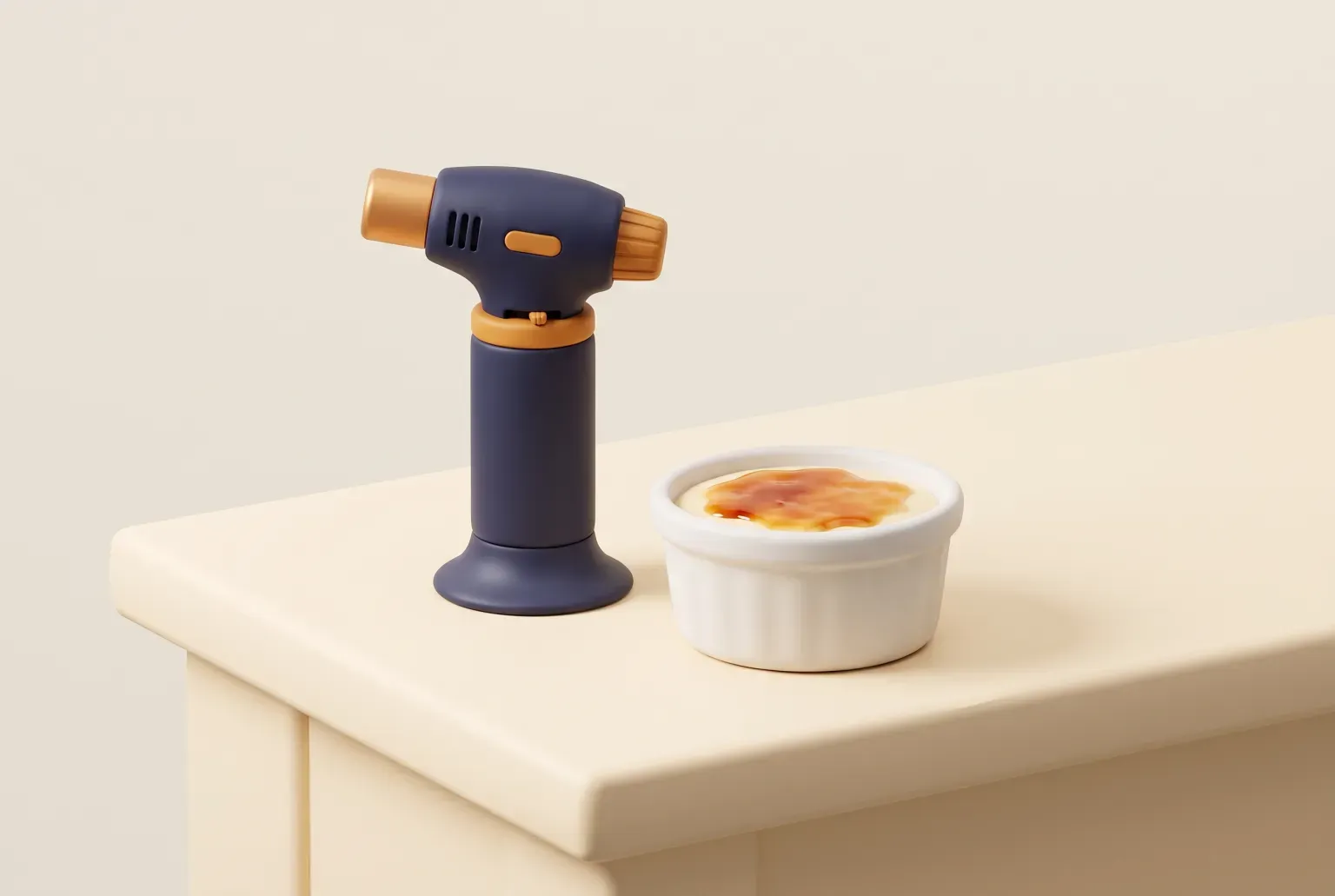Illustration: a navy handheld kitchen torch standing on a cream counter beside a white ramekin of crème brûlée with a caramelized top, drawn as a soft 3D render. Not a real product.
