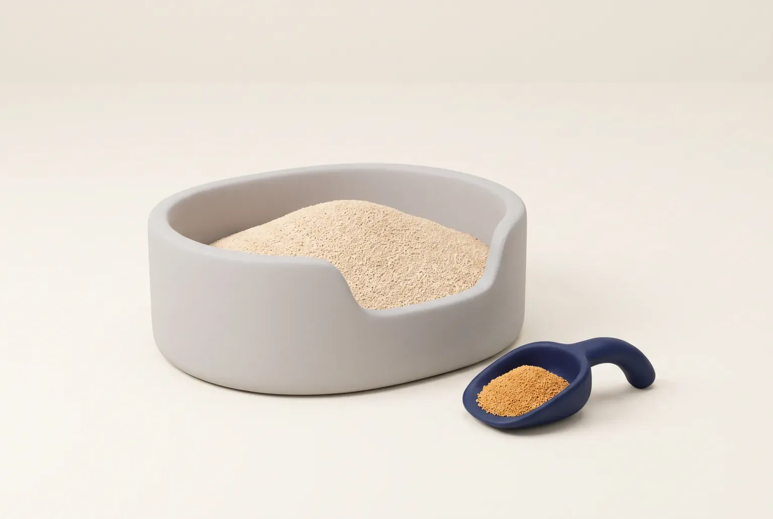 Illustration: a rounded gray litter tray filled with pale sand-colored litter beside a small navy scoop holding a few granules, on a cream floor, drawn as a soft 3D render. Not a real product.