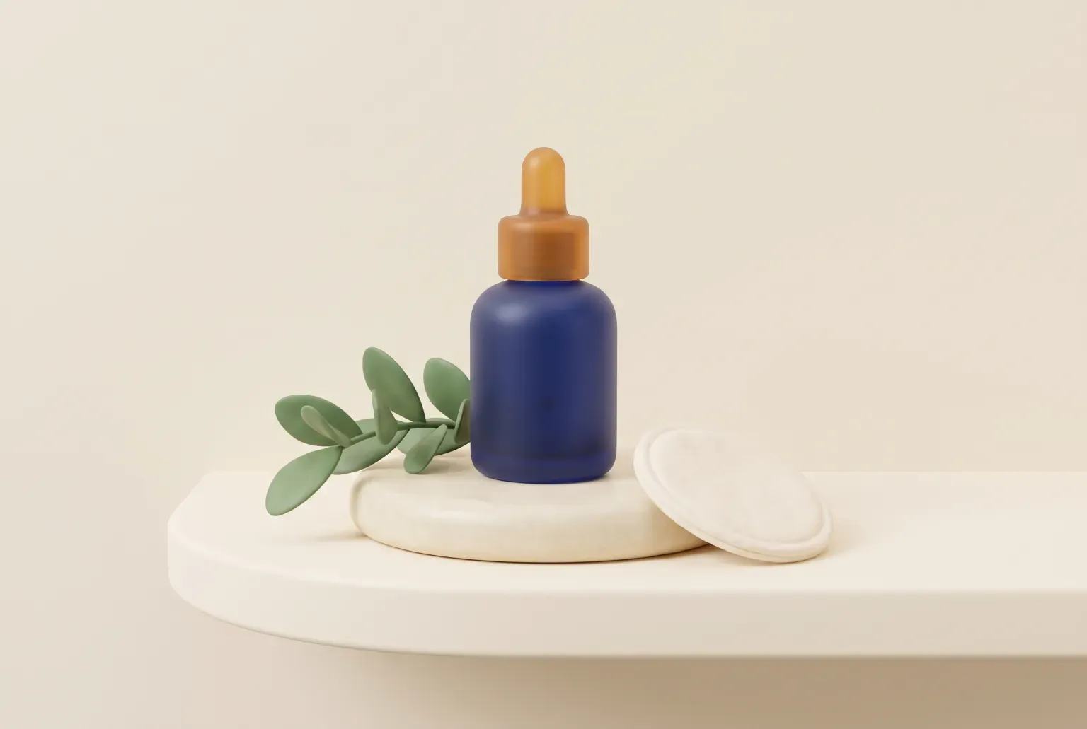 Illustration: a frosted navy glass dropper bottle with an amber cap on a cream stone dish beside a green sprig and a round cotton pad, drawn as a soft 3D render. Not a real product.