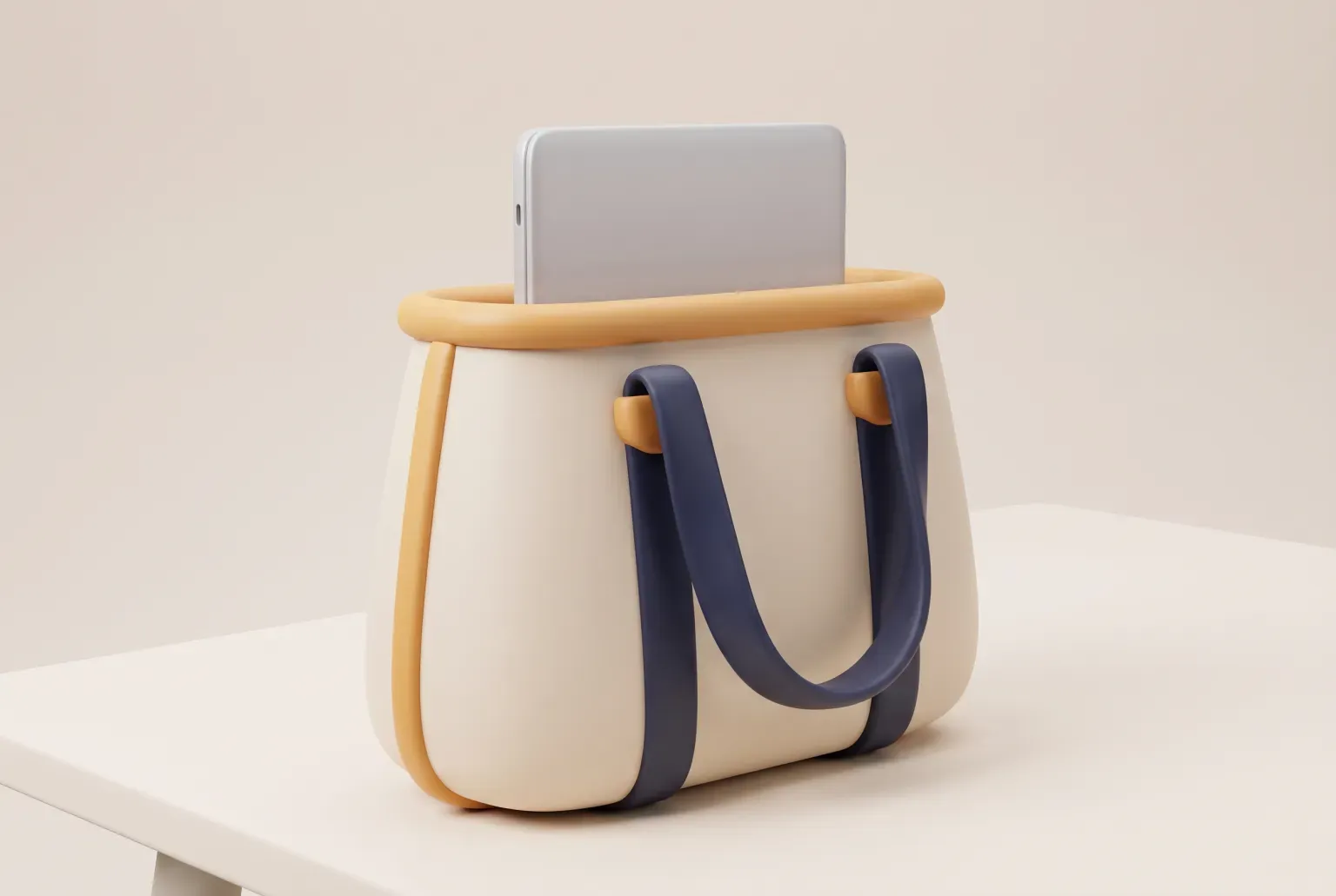 Illustration: a large cream work tote with navy handles and amber trim holding a closed silver laptop that stands partly inside it, drawn as a soft 3D render. Not a real product.