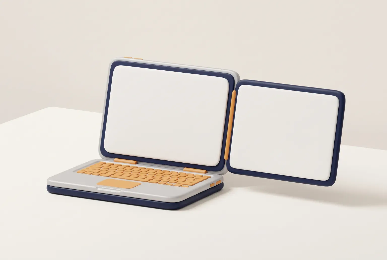 Illustration: an open gray laptop on a pale desk with a second screen attached to its side, drawn as a soft 3D render. Not a real product.