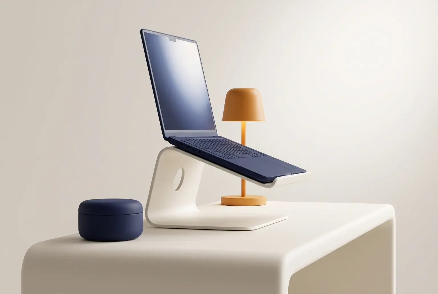 Illustration: a slim cream laptop stand holding an open navy laptop above a cream desk beside a small amber lamp, drawn as a soft 3D render. Not a real product.