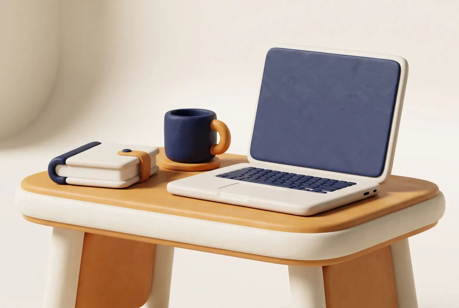 Illustration: a slim silver laptop open on a tidy wooden desk beside a notebook and a coffee cup, drawn as a soft 3D render. Not a real product.