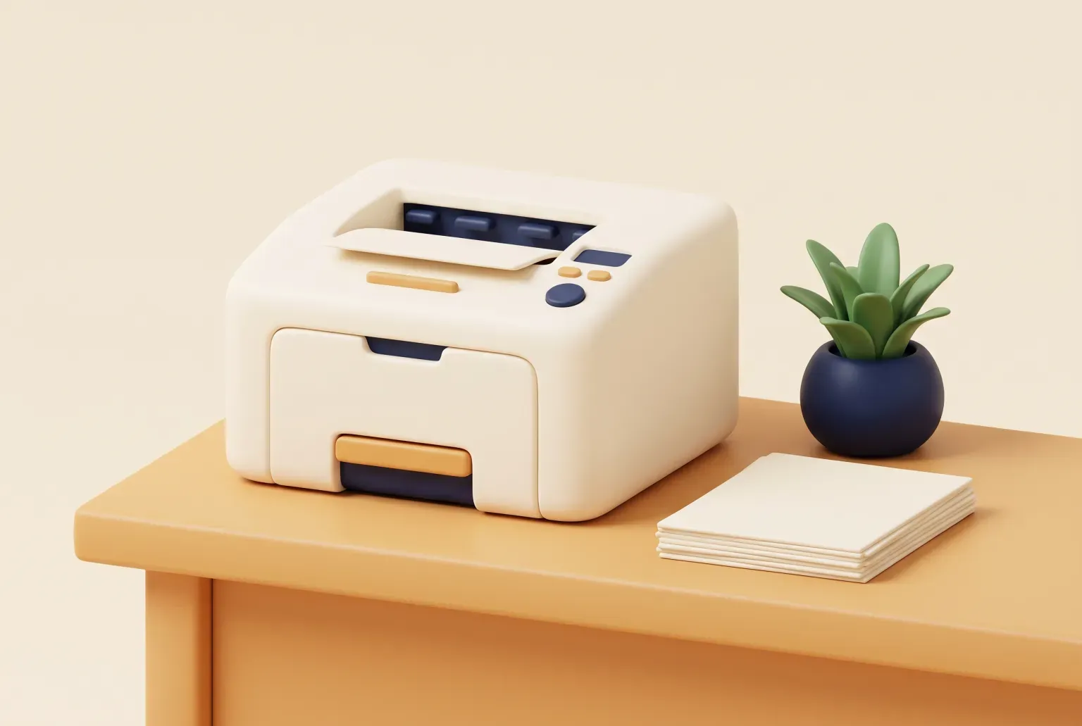 Illustration: a cream laser printer with navy and orange accents on an orange wooden desk beside a small potted succulent and a neat stack of paper, drawn as a soft 3D render. Not a real product.