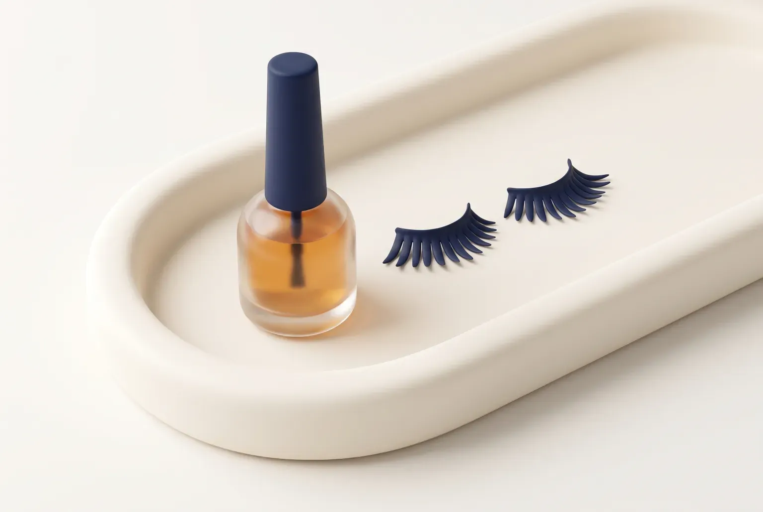 Illustration: a small glass bottle with a navy brush cap beside a pair of dark false lashes on a cream oval tray, drawn as a soft 3D render. Not a real product.