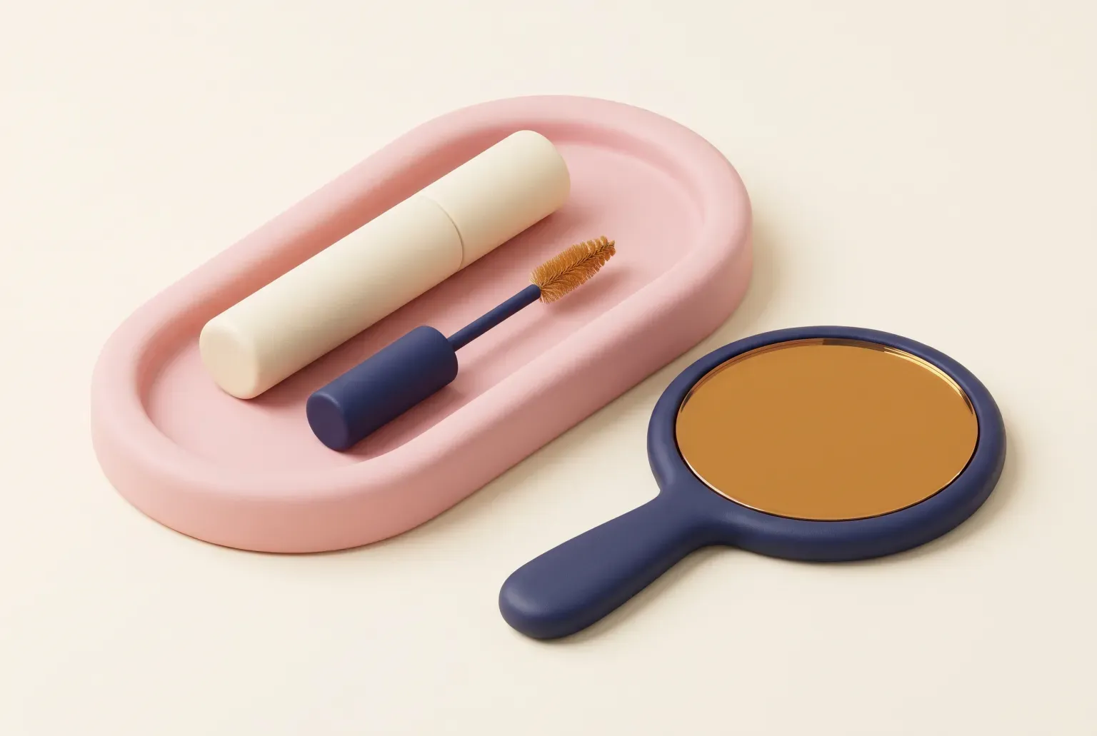 Illustration: a cream cylinder with a navy-handled wand lying on a pink oval vanity tray beside a navy hand mirror with an amber glass, drawn as a soft 3D render. Not a real product.
