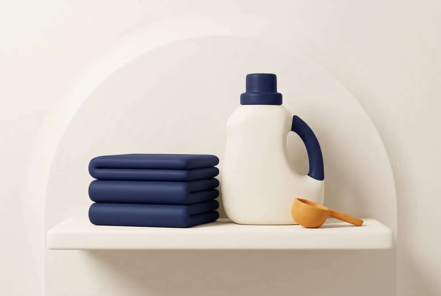 Illustration: a plain detergent jug next to a stack of folded towels on a laundry shelf, drawn as a soft 3D render. Not a real product.