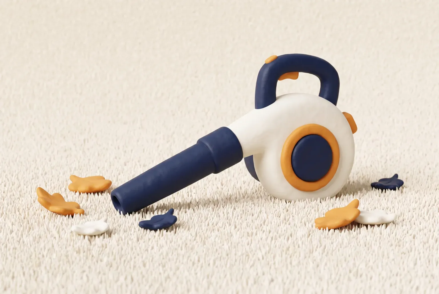 Illustration: a navy and white handheld leaf blower on a cream lawn among amber, navy and white leaves, drawn as a soft 3D render. Not a real product.