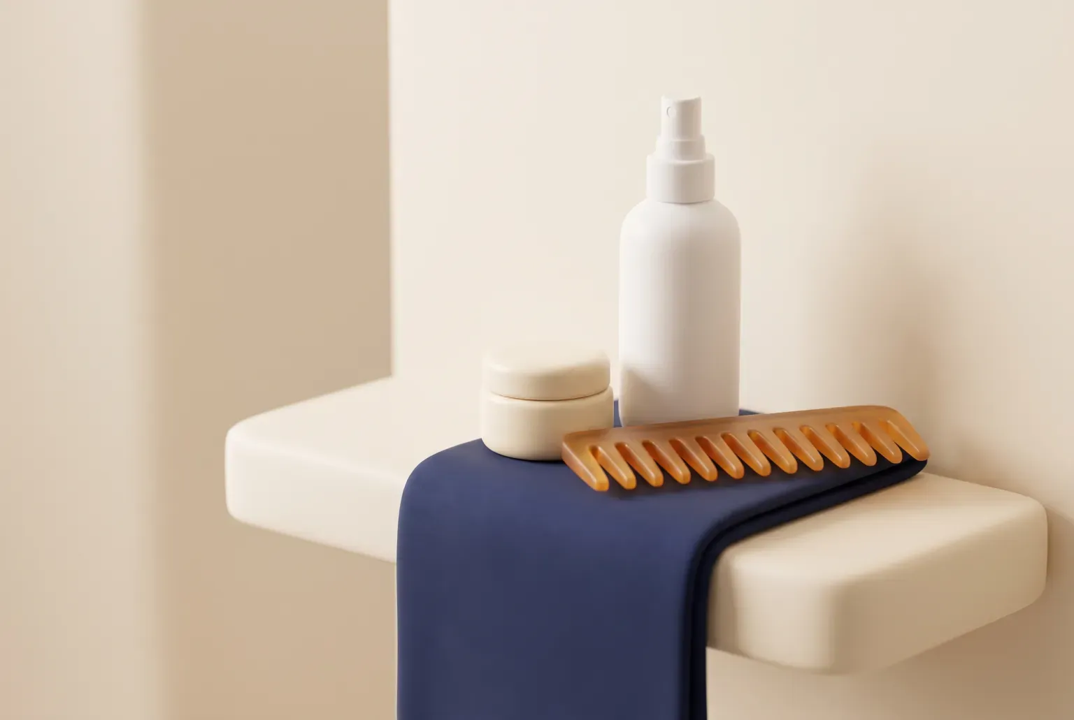 Illustration: a plain white spray bottle and a small cream jar beside a wide-tooth comb on a bathroom shelf with a navy towel, drawn as a soft 3D render. Not a real product.